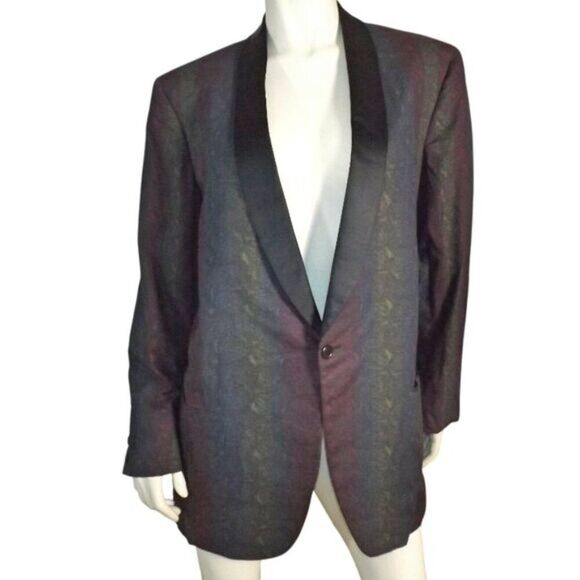 VINTAGE 50s Dinner Jacket 46R Multicolor Stripes/Paisley Print Satin Lapel